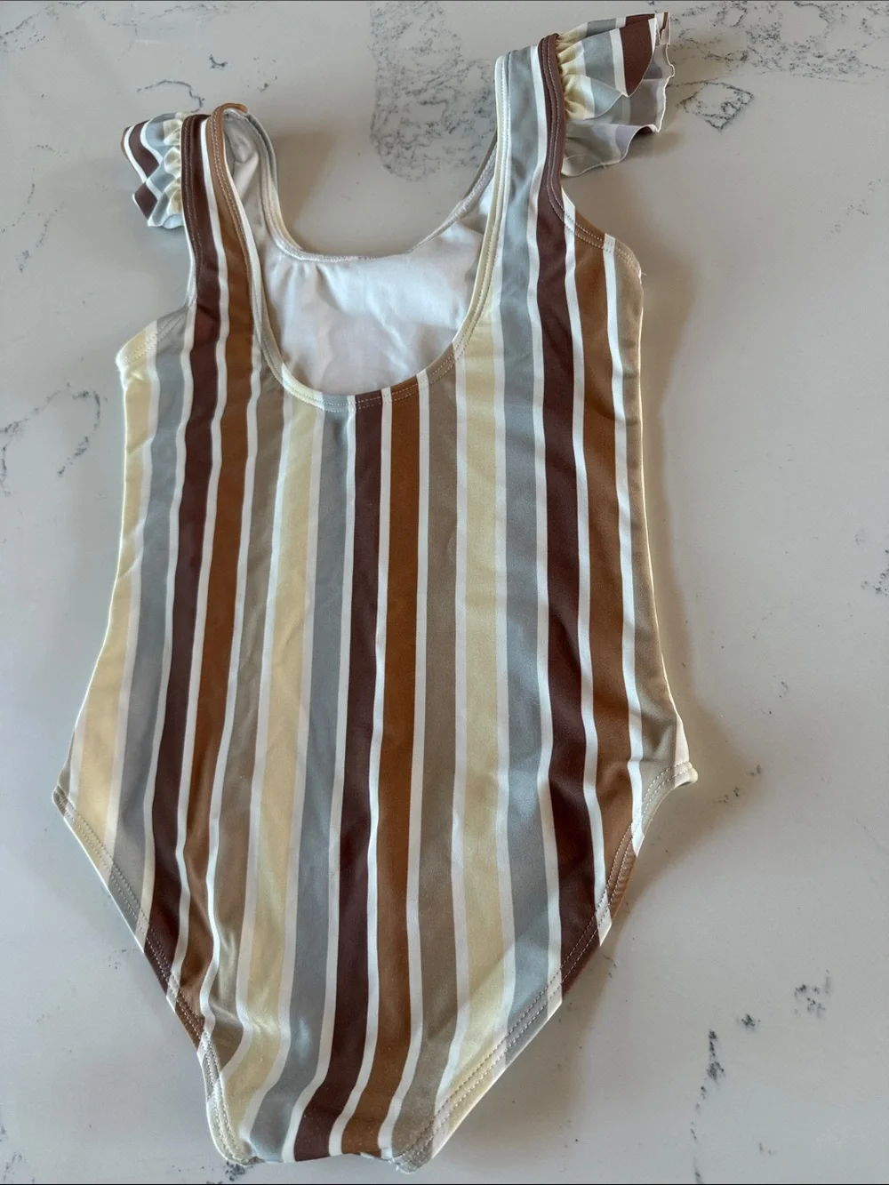 Rylee + Cru multi stripe Brown Cream Color frill one piece Swimsuit size 4-5